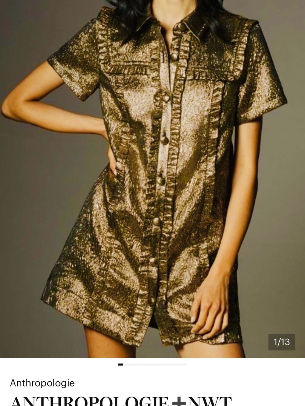Anthropologie Metallic Gold Short-Sleeve Button-Down Tunic